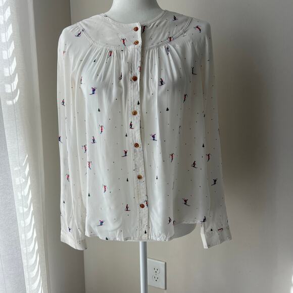 Anthropologie 23 of 52 Conversations Ski Novelty Print Button Down Blouse - Picture 1 of 9
